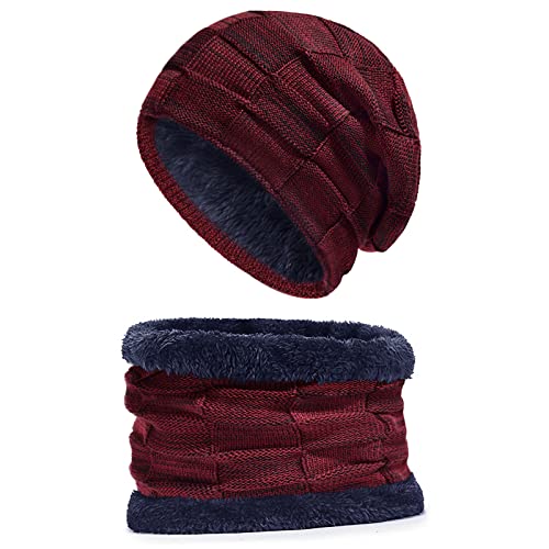 Spgood - Bonnet d'hiver - Assortie d’une écharpe - En tricot et laine - Doublure polaire épaisse - Idéaux pour homme et femme, rouge, taille unique Cover