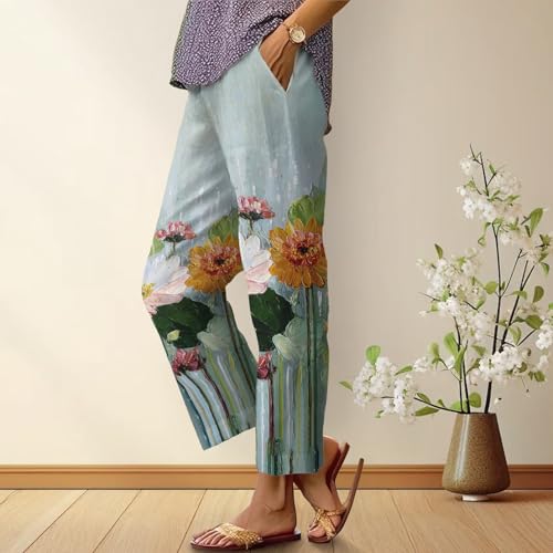 Womens Capri Pants Oil Painting Flower Printed Palazzo Pants Straight Leg Boho Floral Summer Trousers with Pockets2