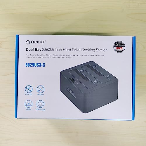 ORICO USB 3.0 zu SATA Offline Klon Festplatten Dockingstation, Dualschacht Festplattengehäuse für 2,5 und 3,5 Zoll SATA HDD / SSD bis zu 2X 18TB mit 12V 3A Netzteil (6629US3)