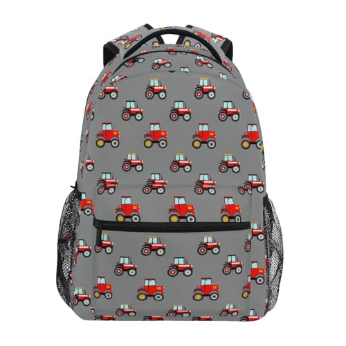 CHIFIGNO Cute Cartoon Red Tractors Gray School Bookbag for Kids Students Teens with Name Tag Large Backpack, 17 IN