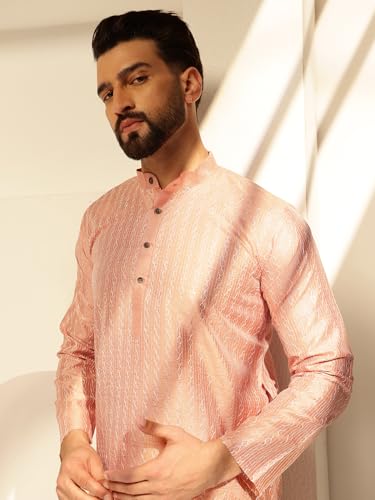 Image of SOJANYA (Since 1958 Men's Silk Blend Long Kurta with Subtle White Detailing | Traditional Ethnic Wear for Navratri