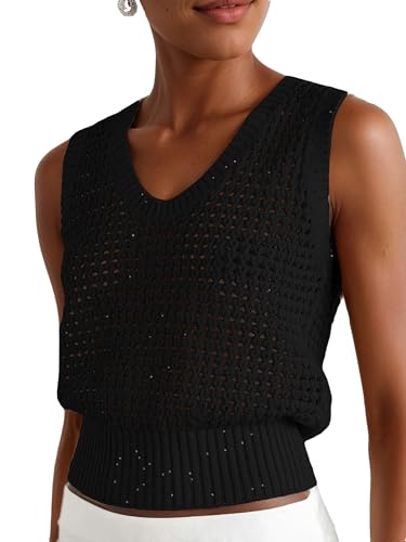 Image of Women's Crochet Tank Tops Sleeveless Sequins Lightweight Sweaters Bohemian Beach Hollow Out Knitted Vest