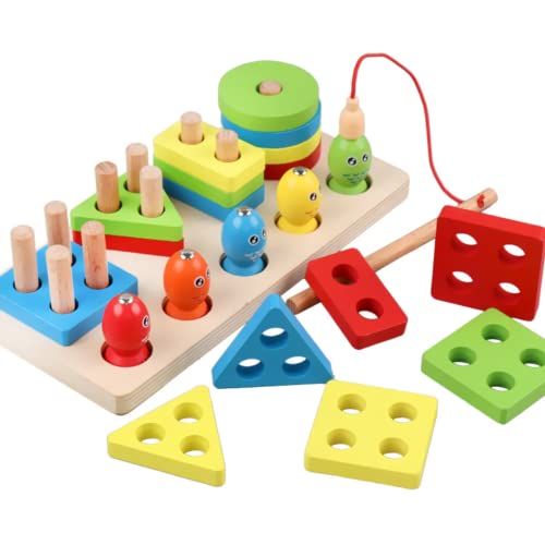 Image of Kidology Kids Montessori Wooden Stacking Toys, Shape Sorting & Toddler Fishing Toys Preschool Learning Colur Recognition Building Blocks Learning Educational Puzzle, Pack of 1