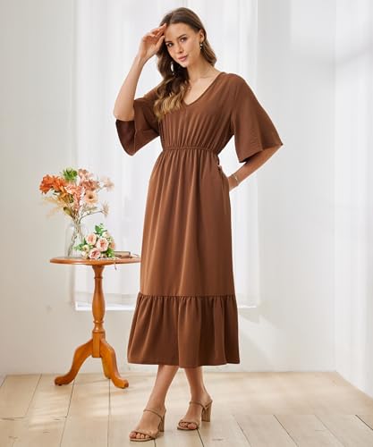 Image of Women's Summer Short Sleeve Maxi Floral Flowy Dresses with Pockets