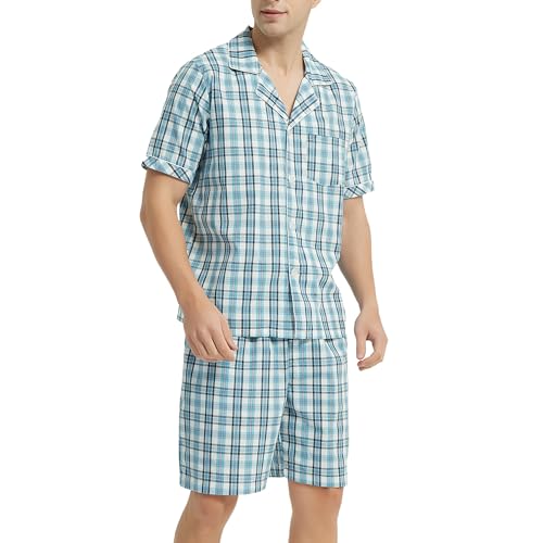 Image of Vulcanodon Mens Cotton Pajama Set Short Sleeve, Button Down Pajama Set for Men Lightweight Men's Sleepwear