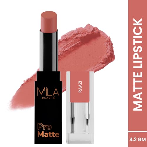 Image of Mila Beaute Pro Matte Lipstick | Highly Pigmented & Long lasting | Semi Matte Finish | Light Weight Lipstick | Single Swipe Application | Luxurious Lip Color | Shade - (Raazi, 4.2g) (Pack of 2)