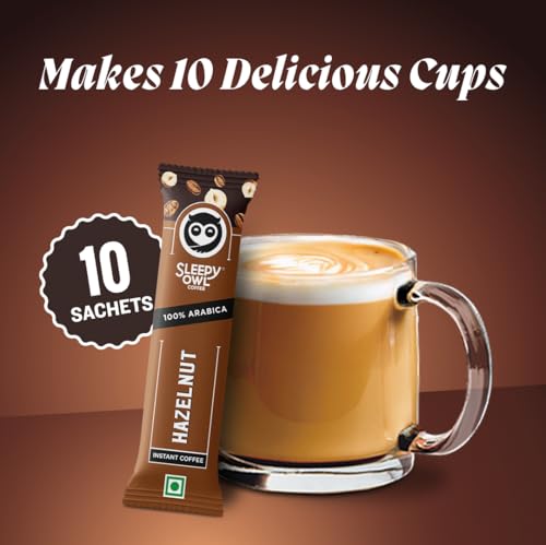 Image of Sleepy Owl Hazelnut Freeze Dried Coffee Sachets | 20g - Pack of 30 x 2g Instant Coffee Powder Sachets | 100% Arabica Beans | Aromatic Coffee Pouch | Rich & Smooth | Easy to Use & Carry