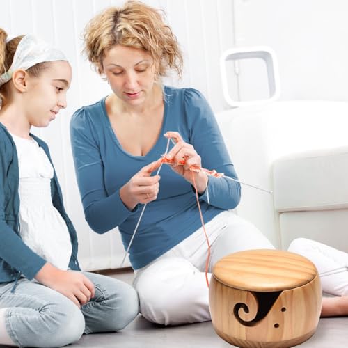 Image of Wooden Yarn Bowl Crochet Knitting Yarn Bowl with Lid Yarn Storage with Holes Handmade Craft with Storagebag for DIY Knitting Crocheting Mothers Day Gift 6 inch x 3.5 inch
