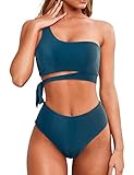 TOP DE BIKINI HALTER DE UN HOMBRO--Top corto de un hombro con nudo lateral; Escote asimétrico; Sujetador suave extraíble con relleno para dar forma y apoyo. Sin aros te permite disfrutar de la comodidad y la belleza.