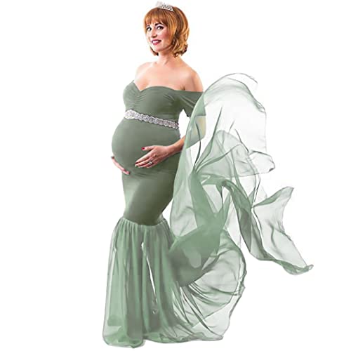 COSYOU Maternity Dress for Photoshoot Flowy Long Mermaid Chiffon Train Tube Top Maxi Photography Dress Party Gown, Green, One size