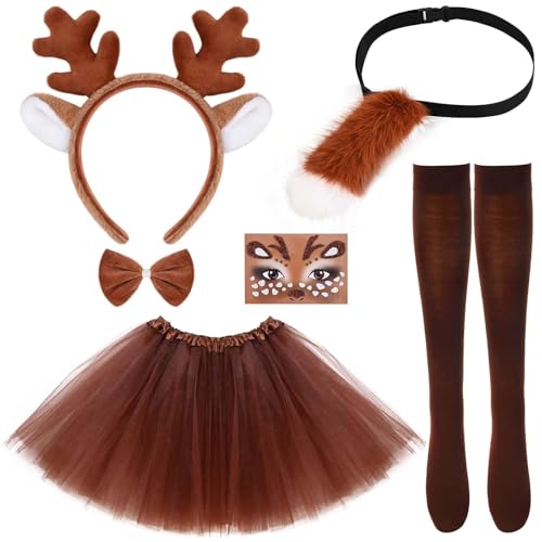 Matiniy 6 Pcs Reindeer Costume for Women - Adult Deer Antlers Headband, Tail Tutu Skirt, Socks & Tie for Halloween, Christmas, Mardi Gras Parties