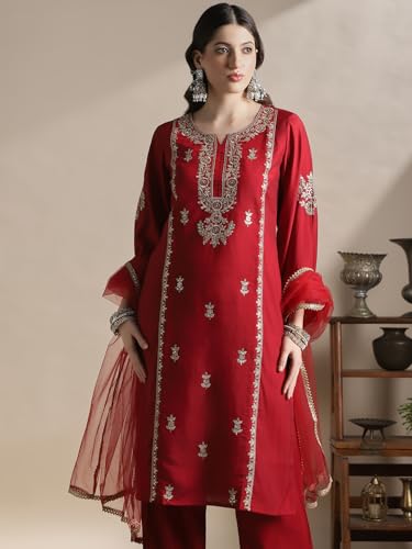 Image of Globus Women Kurta Set (GS578843 Maroon S)