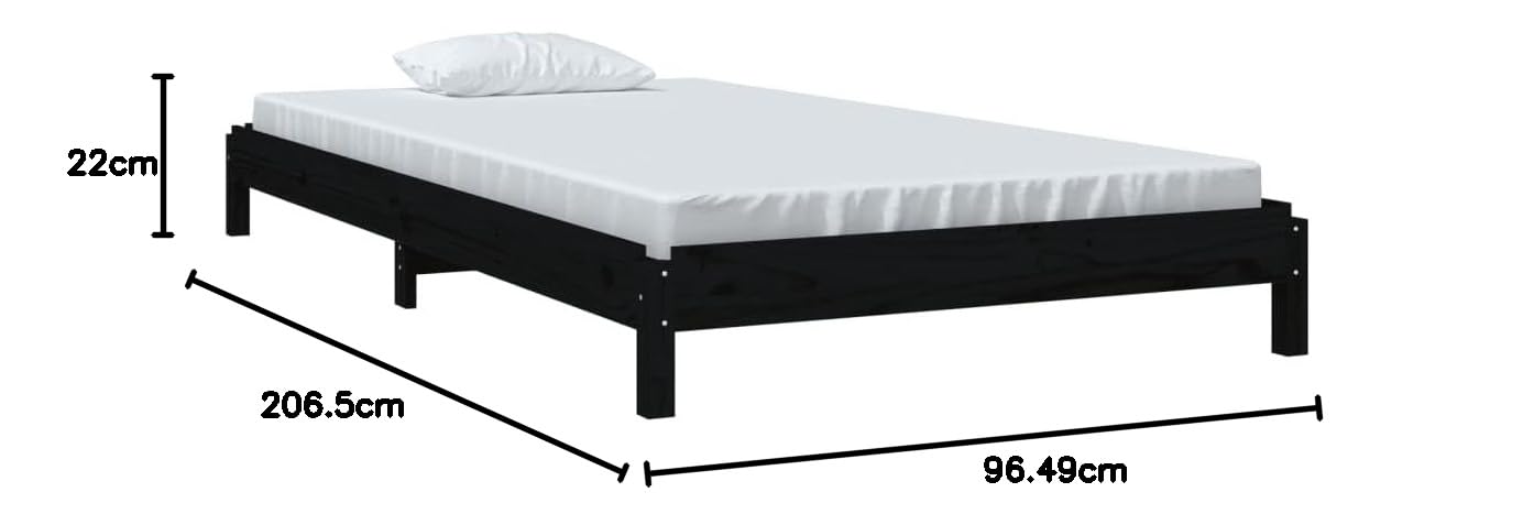 Stapelbett 90x200 cm Schwarz Massivholz Kiefer Gestell für Gäste- & Jugendzimmer, stapelbarer Bettrahmen mit Lattenrost, platzsparendes Einzelbett für Schlafzimmer & Wohnheim