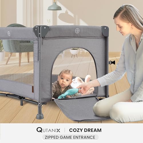 Image of QUTANIX 2-in-1 Baby Playard, Pack and Play Bassinet, Easy Folding Portable Crib with Music Mobile for Newborn to Toddlers (Grey)