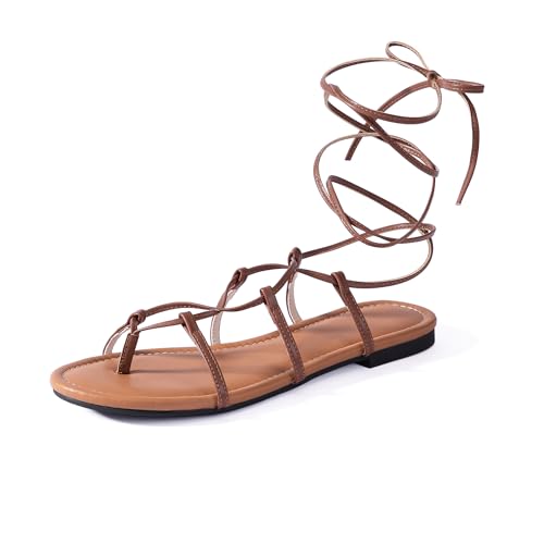 Womens Gladiator Sandals Dressy Summer Roman Strappy Brown Size 6 Ladies Lace Up Leather Flat Ankle Strap Cute Comfy Casual