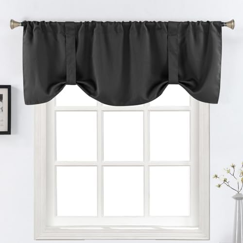 Home Queen Blackout Tie Up Curtain Valance, Bathroom Window Valence for Kitchen Bedroom,Straight and Wave Shape Available, 54 x 20 Inches, Black
