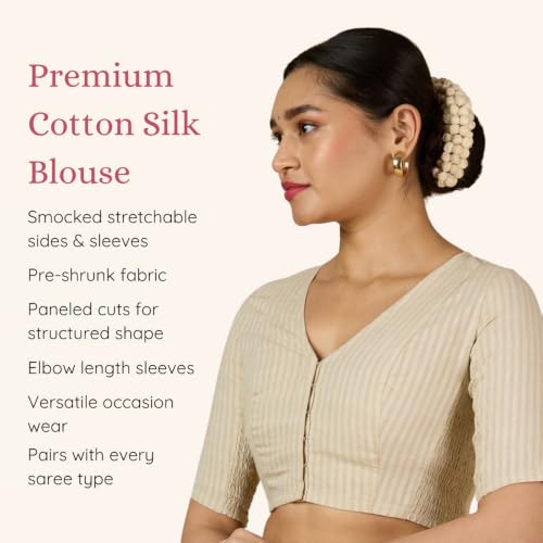 Image of Studio Shringaar Women Cotton Half Sleeve Madras Checks Saree Blouse with Stretchable Sides