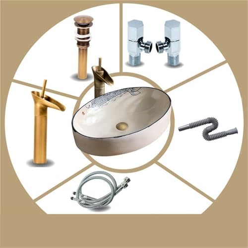Lavabo de baño sin salpicaduras pintado a mano con desagüe completo y grifo 6