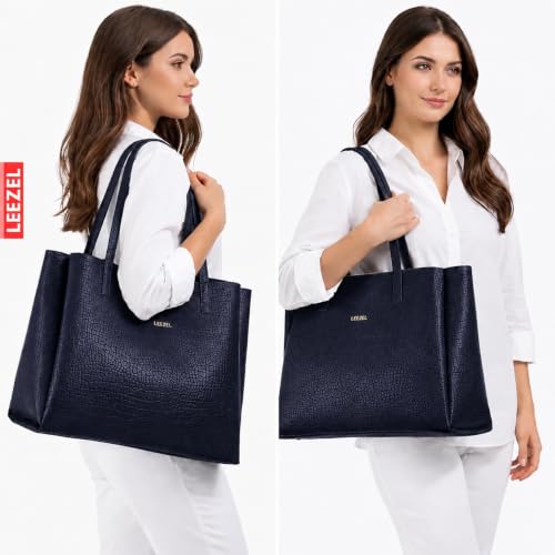 Image of LEEZEL Women's Structured Tote Bag - Large Capacity Work & Travel Purse Croco Pattern Vegan Leather Stylish Tote Bag Classic Everyday Shoulder Bag