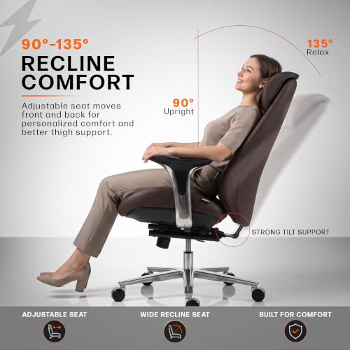 Image of Drogo Amara Ergonomic Office Chair for Work & Home- Luxury Semi-Silicone Leather, 5cm Seat Depth Adjustment, Curved Headrest, PU Aluminium Armrest, 135 Recline with 3 Lock Positions, Footrest (Brown)