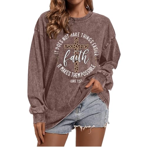 Cayxatiu Faith Christian Long Sleeve Shirts for Women Jesus Leopard Cross Print Shirt Bible Verse Religious Vintage Tshirt(Coffee M)