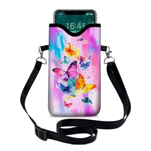 Image of Neoprene Cell Phone Sleeve Pouch Case Bag with Crossbody Strap Neck Lanyard for Women 7.1 X 3.9 in Tie Dye Butterfly