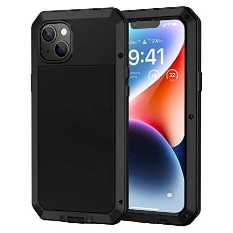Lanhiem for iPhone 14 Case Heavy Duty Shockproof Cover Tough Armour Metal Case with [Tempered Glass Screen Film], 360 Full Body Protective Case Cover for iPhone 14 - Black Cover