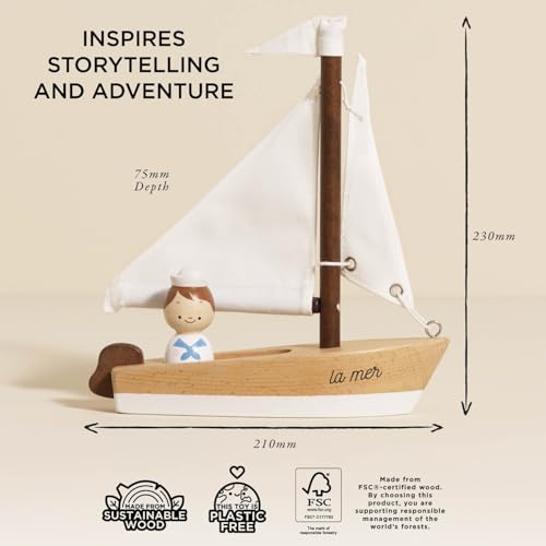 Le Toy Van Segelboot & Kapitän aus Holz, befeuern Sie die Fantasie mit Textilsegeln, Kinderspielzeug, geeignet für Kinder ab 3 Jahren, Weiß