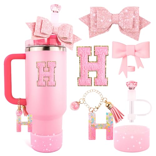 Pink Cup Accessories Set for Stanley 30OZ & 40OZ Tumbler with Handle, Letter Charms, Bow & Diamond Straw Covers, Glitter Silicone Boot, Personalized Sticker for Stanley Cup Accessories (H)