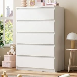 5 Drawer Dresser for Bedroom, White Dresser Chest of Drawers, Tall Dressers for Bedroom with Handleless Drawers, 15" D x 23.7" W x 40.4" H Storage Dressers for Living Room, Hallway and Entryway-White