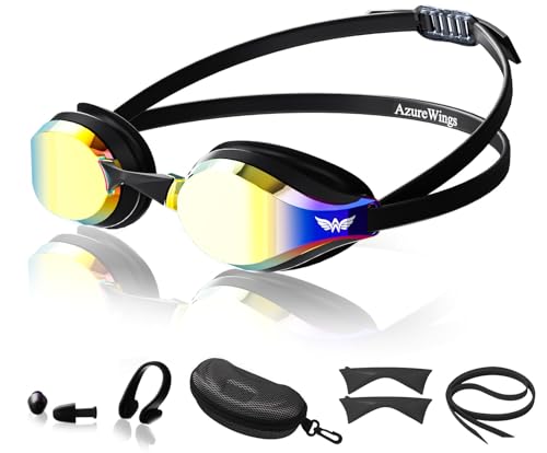 AzureWings Swim Goggles for Men Women – No Leak Anti-Fog UV HD Wide Vision, Racing & Swimming Goggles Black-Electroplate Mirror Lens