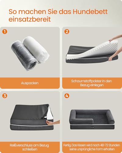 Feandrea Orthopädisches Hundebett, Hundekissen, Hundekorb, weiche Polsterung, Hundesofa, erhöhte Ränder, Bezug abnehmbar und waschbar, 120 x 85 x 18 cm, rutschfeste Unterseite, dunkelgrau PGW078G01V1