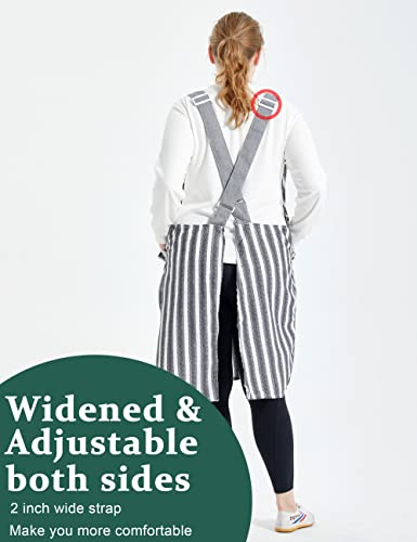 Apronner Cross Back Plus Size Linen Aprons For Women With Pockets Blend Dress For Baking Cooking Gardening Works Black Stripes #TOP3
