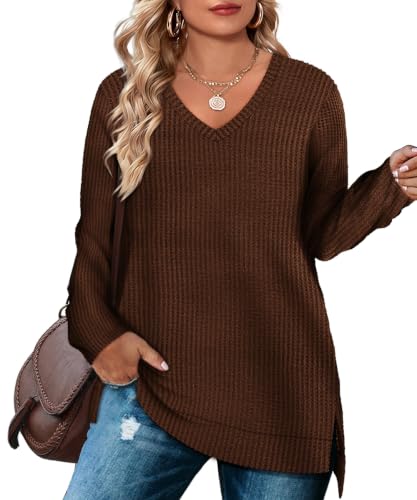 Image of RITERA Plus Size Women Sweaters Waffle Knit Pullover Top Long Sleeve Casual Crewneck Shirt Loose Split Hem Fall Winter Blouse