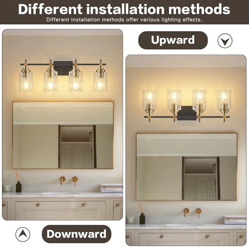 Image of SOLFART Black and Gold Vanity Light,4 Light Modern Vintage Wall Light with Clear Globe, High-End Bathroom Light Fixtures Over Mirror, Easy to Install (Bulbs Not Included)