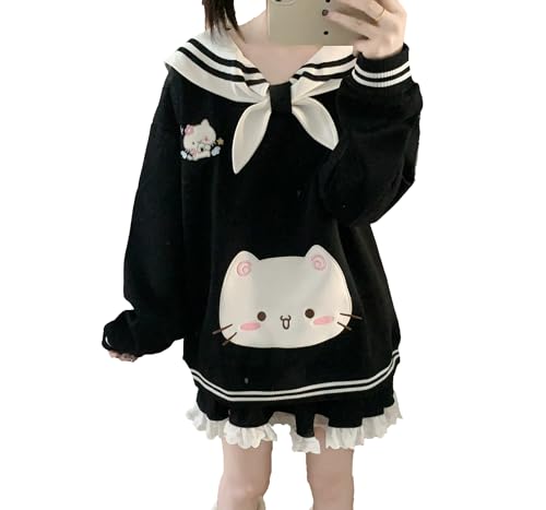 Womens Kawaii Doll Collar Cat Graphic Sweatshirt Cute Embroidery Bow Tops Warm Ribbed Stripe Harajuku Sweatshirts