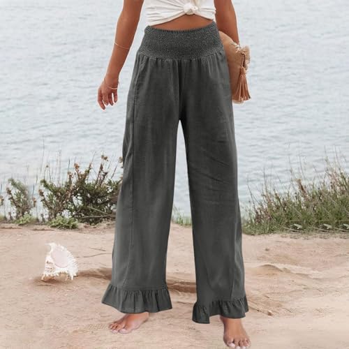Image of Women Linen Pants Dressy Casual Summer Boho Ruffle Hem Wide Leg Cropped Pants Smocked High Waisted Palazzo Pant