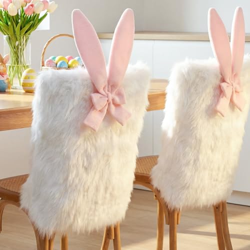 Image of Suncalla 4 Pcs Easter Faux Fur Bunny Chair Covers Cute Rabbit Ear Removable Seat Covers Spring Chair Slipcovers for Easter Dinning Kitchen Bunny Birthday Party Decor
