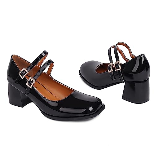 Sungtin Mary Jane Shoes Women Classic Block Heels Closed Toe Chunky Heels for Women Adjustable Double Buckle Casual Office Dress Shoes4