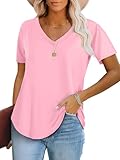 ATHMILE Womens V Neck Short Sleeve Summer T Shirts Curved Hem Plain Top Beach Pink