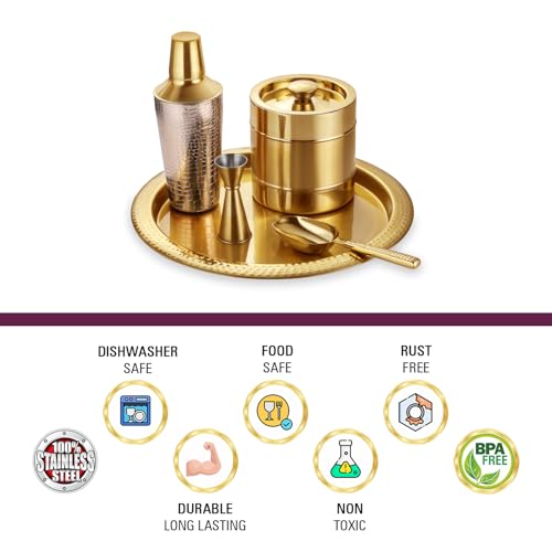 Image of Sanjeev Kapoor Stainless Steel 5pcs Bar Tool Set-1 Bar Tray - 16 inch,1 Cocktail Shaker - 33oz /1000 ml,1 Ice Bucket - 1.5 L Double Wall,1 Ice Scoop - Hollow Handle &1 Peg Measure - 30 /60 ml(Gold)