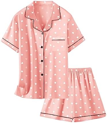 Satin Pajamas for Girls, Silk Pajamas 2 Pcs Button Down Sleepwear Short Sleeve Loungewear Outfit for Girls, D White Herat Pink, 11-12 Years = Tag 11-12