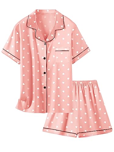 Satin Pajamas For Girls, Silk Pajamas 2 Pcs Button Down Sleepwear Short Sleeve Loungewear Outfit For Girls, D White Herat Pink, 11-12 Years = Tag 11-12 #TOP13