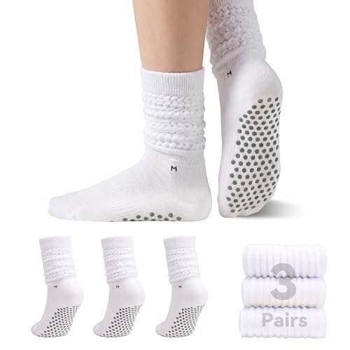 RTZAT 3 Pack Pilates Grip Socks for Women – Non Slip Yoga Socks with Dense Silicone Dots, Slouch Knee High Sticky Barre Socks, Cotton Anti Skid Studio Socks White M