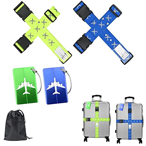 Koffergurt kofferband, 4pcs Kofferband Gurt mit 2 Stück Kofferanhänger, Einstellbare Kofferbänder, Koffergurte mit Namensschild & Adressschild zum Verschließen von Gepäck auf Reisen (Blau, Grün) Cover