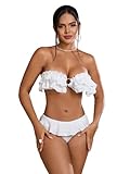 BEAUDRM Women's 2 Piece Solid Ruffle Trim Bandeau Bikini Triangle Set Texture High Cut Swimsuit Bathing Suit White Medium