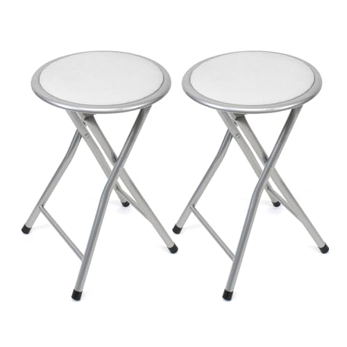 THE SECRET HOME - Pack de 2 Taburetes Plegables de Aluminio - Silla de Metal y Asiento Acolchado - Ideal para Cocina, Terraza, Cámping, Oficina - Diámetro 30 x Alto 45 cm (Blanco)