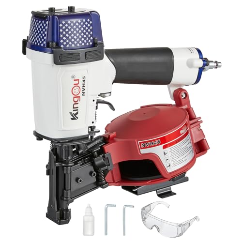Kingou American Style NVH45 Roofing Nailer Gun For Roofing Constructions Accepts 7/8-Inch to 1-3/4-Inch Nails 15 Degree With 3/8 NPT Air Connector 120-pcs Load Capacity Roofing Nailer