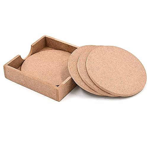 Image of IVEI MDF DIY Coasters with Holder Stand - MDF Plain Wooden Coasters & Holder Blank Cutouts for Painting, Sheet Craft, Decoupage, Resin Art Work & Decoration (Round with Holder)