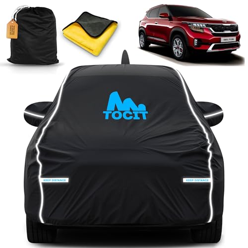 Image of Seltos Waterproof Long Life Car Cover with Safety Glow Reflective Strap, Premium Stretchable Velvet Velour Fabric, Machine Washable, Tri-Stitch Custom Fit with Mirror & Antenna Pocket
